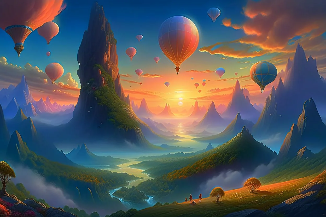 A fantasy painting of mysterious anomalous orbs in the sky surrounded by floating islands hovering above a varied landscape in the style of Michael Whelan, energy surge, serene countryside, lush forests, soaring mountains, impressive detail, sunset, high resolution, 4K, 8K, masterpiece