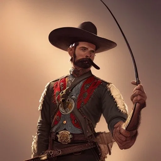 portrait,"Insanely detailed photograph of a male western mustachioed crossbowman", detailed charro and Sombrero, digital painting,eye patch, cigar, artstation, concept art, sharp focus, illustration, art by artgerm and greg rutkowski and alphonse mucha, 8 k,fantasy, unreal engine