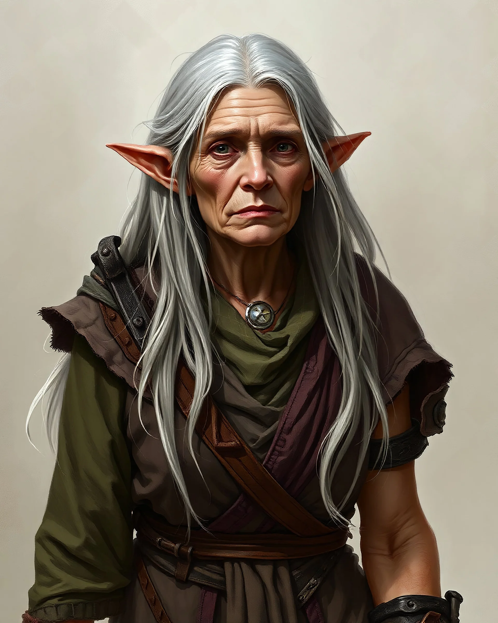 an old female elf with long silver hair, D&D art very old, wrinkly, poor clothes, missing one arm