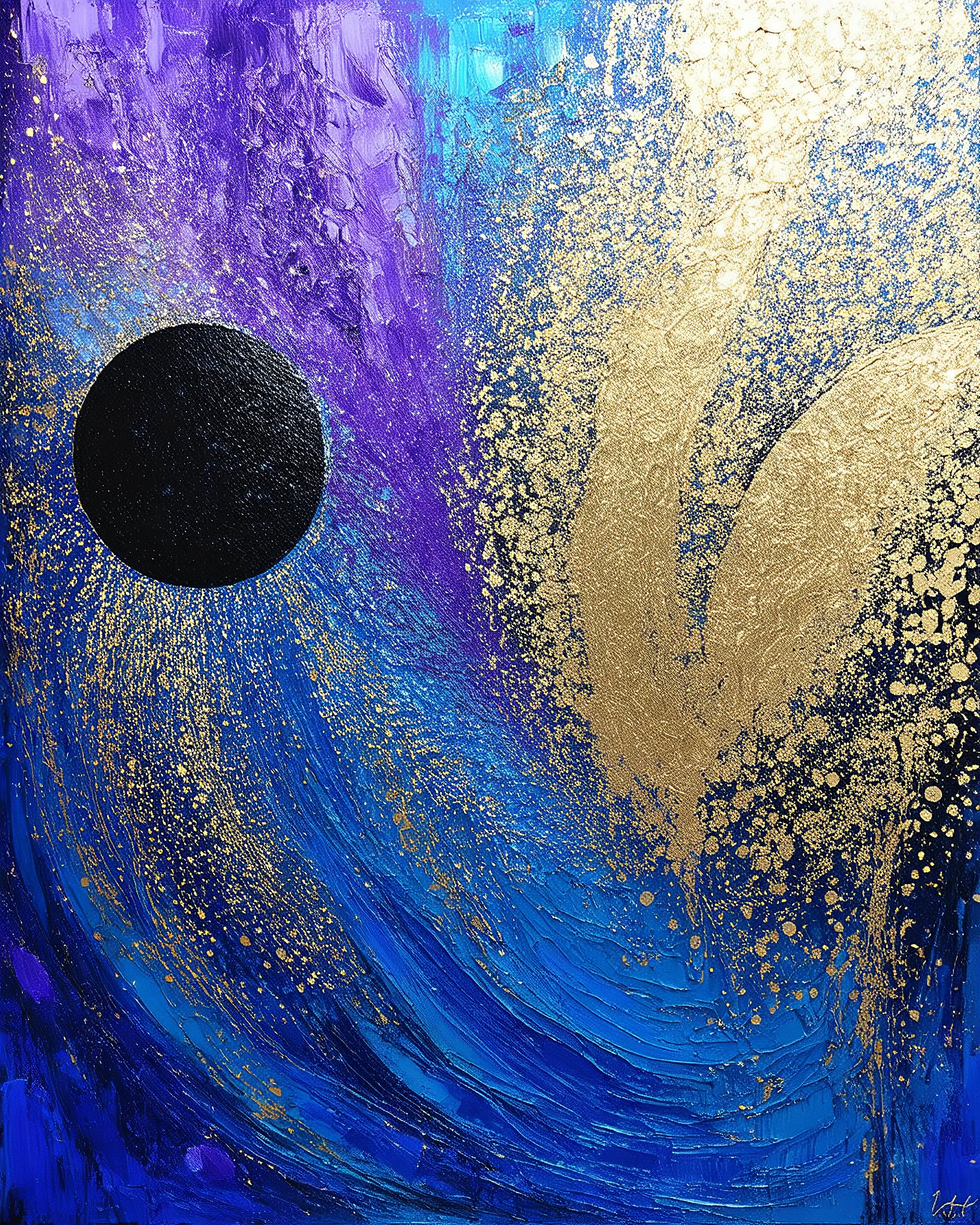 create picture of "Create an abstract painting in a vertical format, dominated by rich shades of blue, purple, and shimmering gold. Emphasize textured surfaces and incorporate swirling, crescent-moon-like shapes. Include subtle hints of intricate, calligraphic-inspired details in black within golden big circular or oval forms."