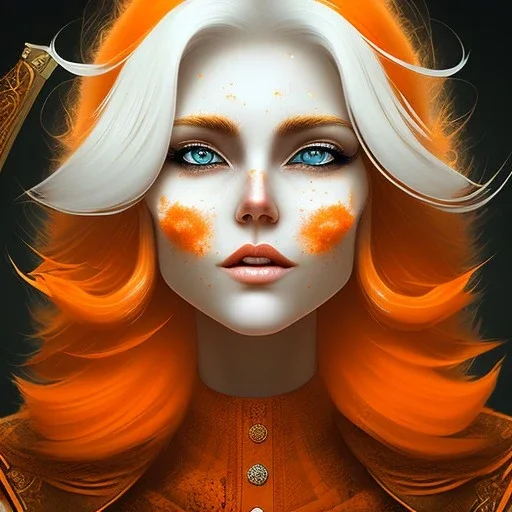 fantasy setting, woman, orange and white hair, wavy hair, freckles, ranger, more orange hair, more white hair, longer white hair, brown clothes