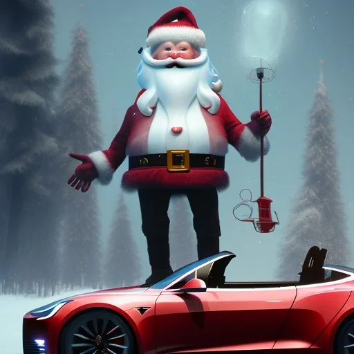 Santa claus driving his red Tesla convertible car, character design by cory loftis, fenghua zhong, ryohei hase, ismail inceoglu and ruan jia. unreal engine 5, artistic lighting, highly detailed, photorealistic, fantasy