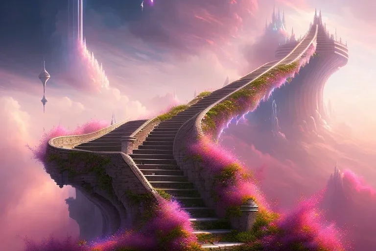 mystical long stairway up to heaven in the sky, atmospheric pink mist, beautiful colours, fine art, trending on artstation, masterpiece