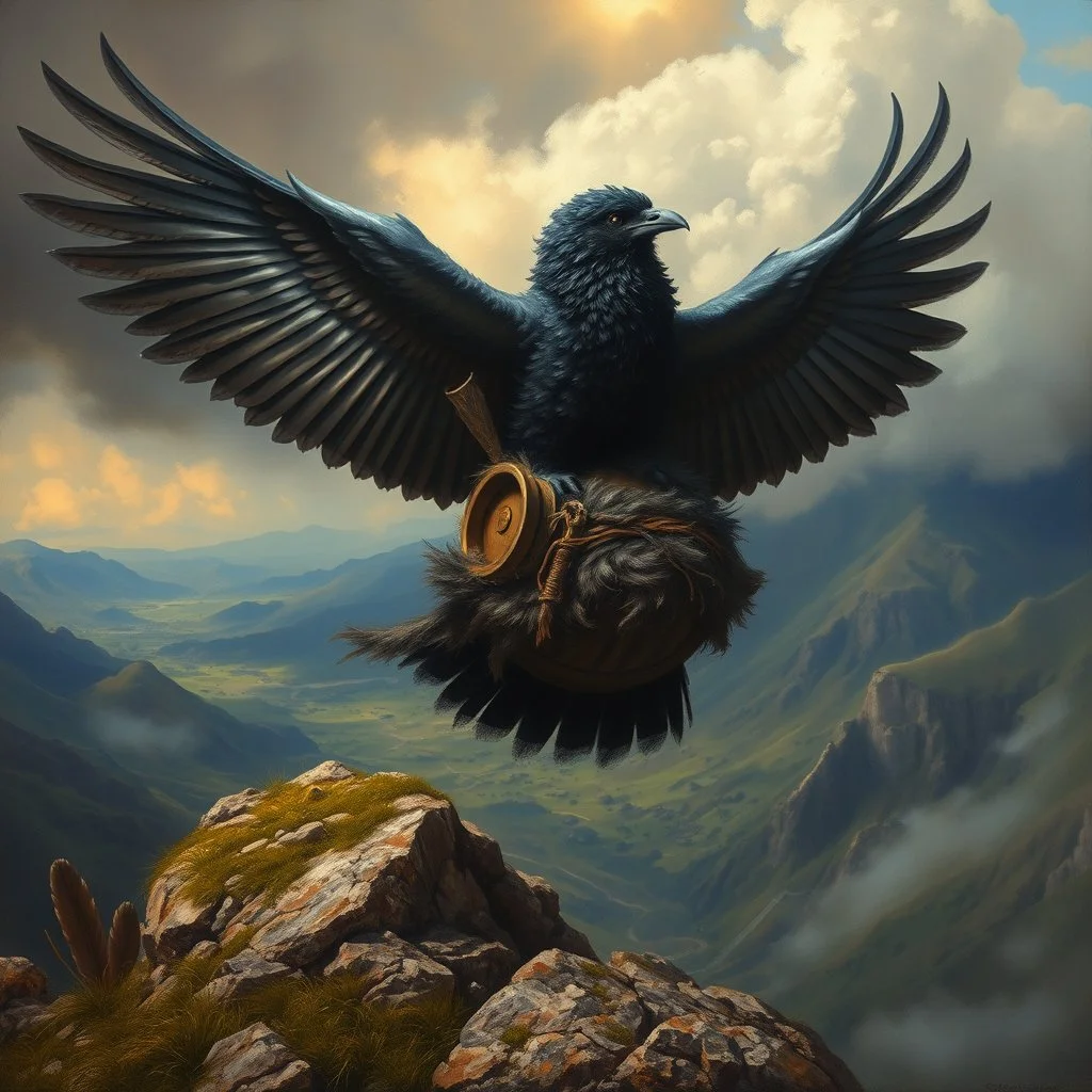 oil painting in titian style, air is charged with magic around huge storm pigeon crow bird rider with wings and beard and hair is full of feathers above holy valley, seen from above