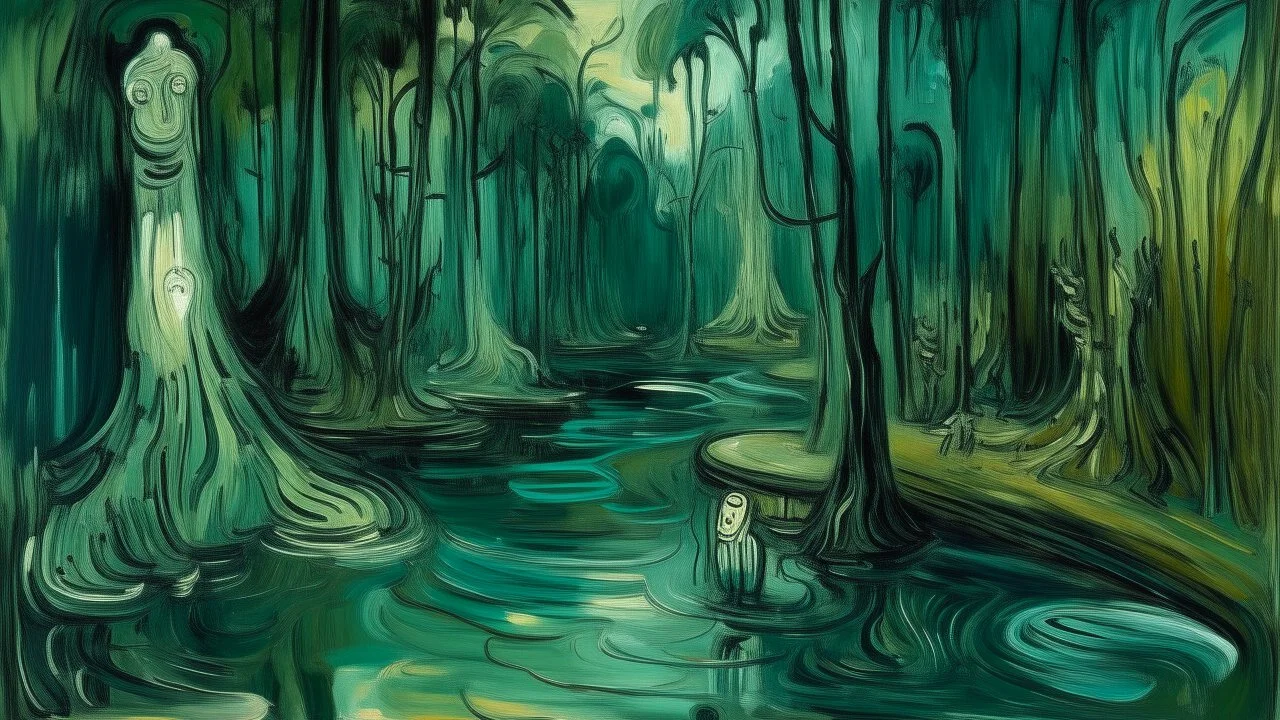 A bluish green spooky poisonous swamp in a jungle painted by Edvard Munch