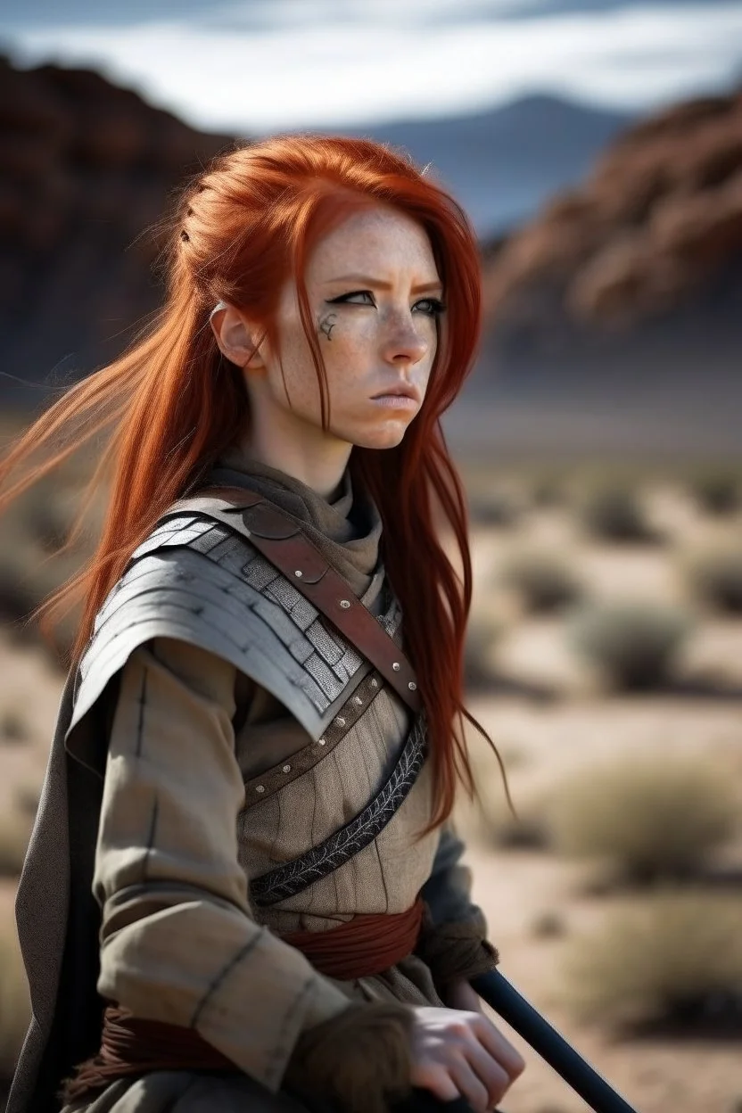 Girl samurai redhead in a desert valley