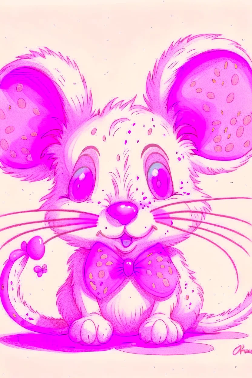 A drawing of a cute pink mouse with one bow on her head