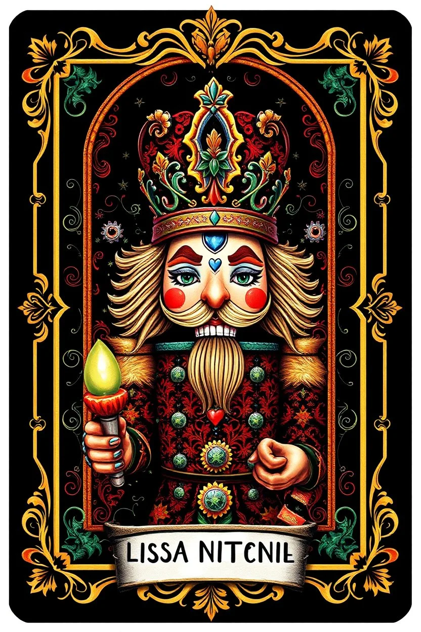 Centered, Ornate, Collectable Trading Card of lisa frank pattern fantasy character portrait of Crisp Digital Art, holiday nutcracker by Aleksi Briclot, T-Shirt Design, Black Background, Detailed Frame, Border, in SNES arcade game, ultra realistic, wide angle, intricate details, retro Nintendo bitmap pixel art, highly detailed by peter mohrbacher, wayne barlowe, , hajime sorayama aaron horkey, gaston bussiere, craig mullins