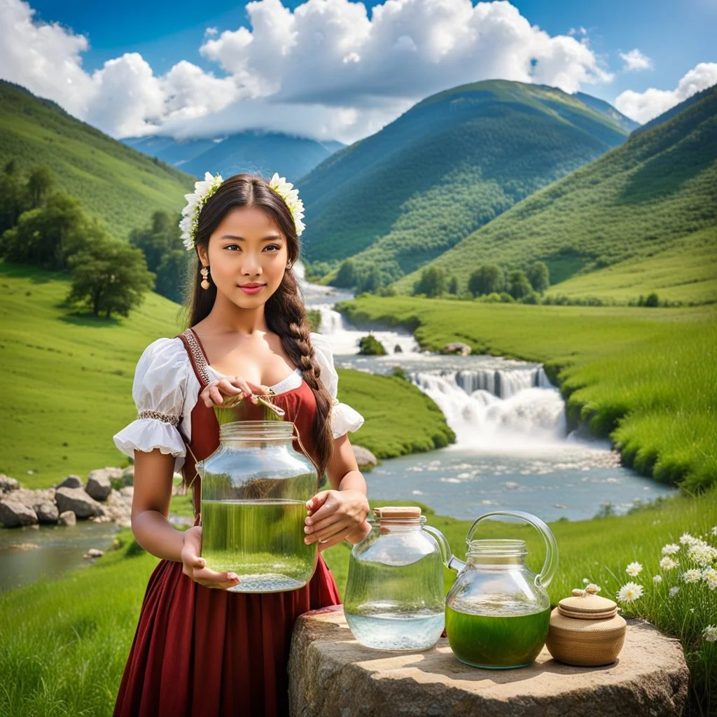 very nice country side with hills ,waterfall over a river with clear water,girls with perfect pretty face in folk costums and a jar, filling their jugs with water and some of them leaving while carring there jugs in there shouldes and 1beautiful girl with jug in shoulder in closeup , very nice mountains at distant, nice clouds in sky ,wide green field with flowers.