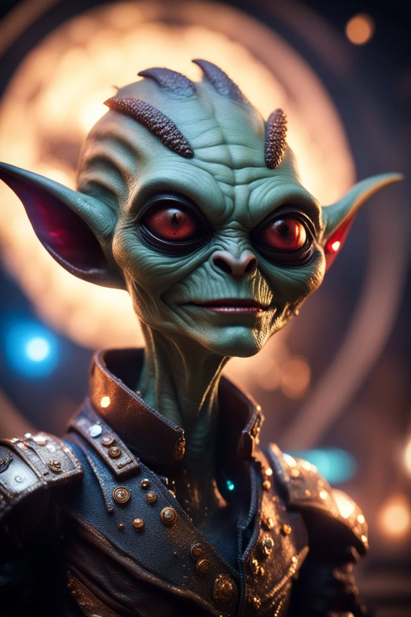 the most effective war paint, portrait of ultimate transcendent happy chat gremlin vampire alien chief with spotlights, in front of space portal dimensional glittering device, bokeh like f/0.8, tilt-shift lens 8k, high detail, smooth render, down-light, unreal engine, prize winning