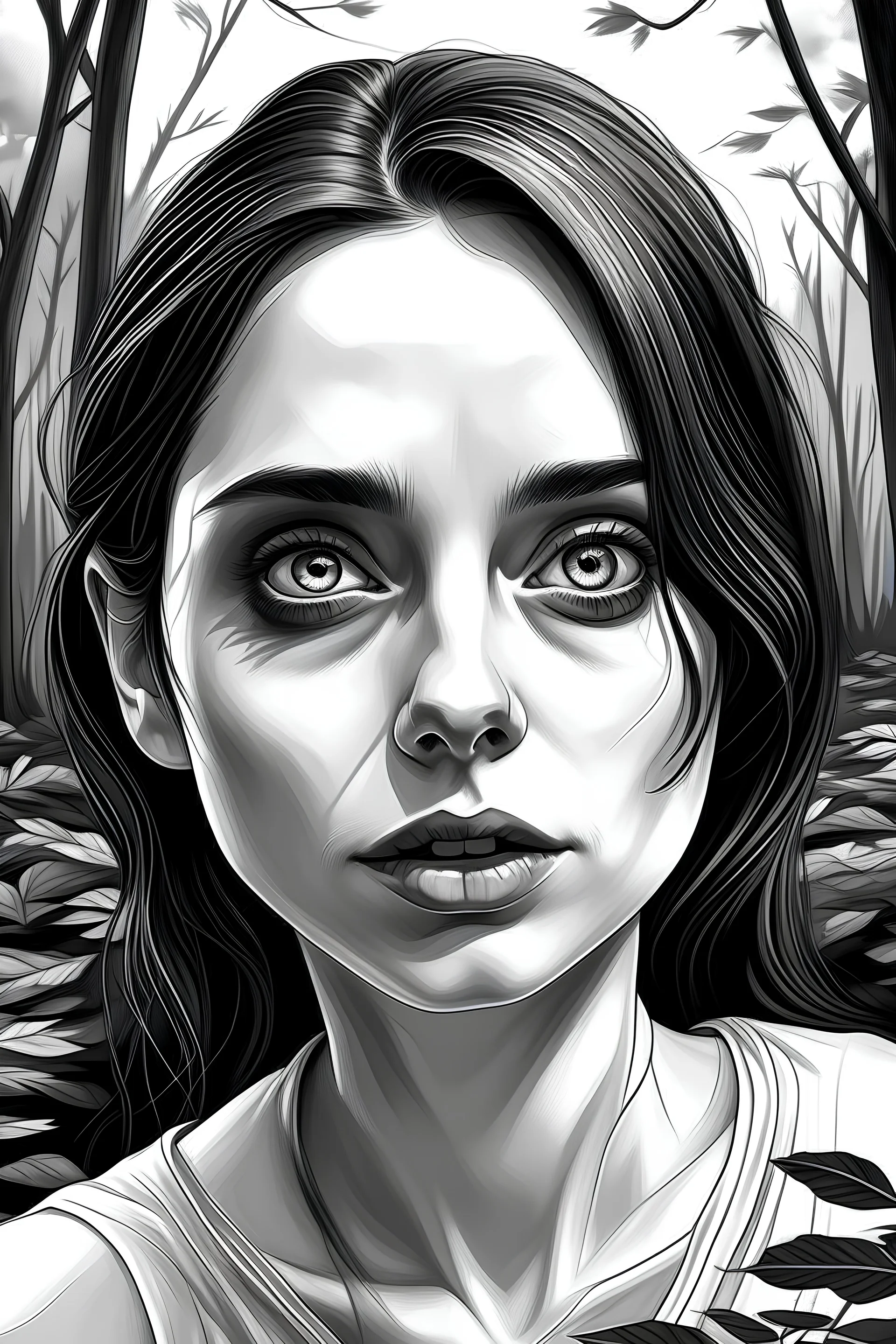 beautiful woman with big eyes and lips, black and white, sorrow emotions fantasy scene sitting in nature hyper-realistic drawing