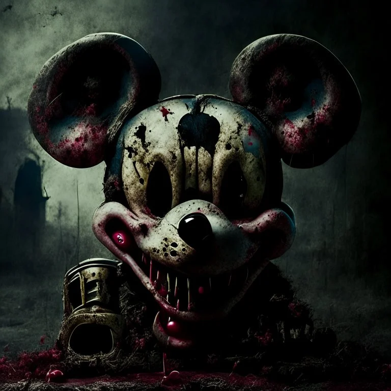 zombie mickey mouse hybrid, photorealism, movie screen capture, horror, sci-fi, evil, hungry, rotted