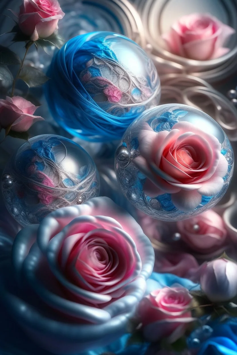 MAGIC ROSE balls,gusts of wind,spiral, patterns ,silver pink blue, composition,flowers,pearls, silk,colored ribbons ,realistic,macro,delicate colors grace, transparent,aesthetically pleasing,hyper detailed,unusual,combination is extremely beautiful,drawing details ,magic,aesthetics, bright light, clarity,fantastically,,close-up, filigree,pastel,watercolor,detailed drawing..,hyperdetalization,surrealism,glitter,5d ,transparent details,futuristic,best quality.