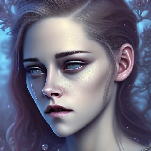 Kristen Stewart, karlan, icy blue, anime, mutated human,tears, crying, sad, fae, majestic, ominous, ice, plants, wildflower, facepaint, intricate, oil on canvas, masterpiece, expert, insanely detailed, 4k resolution, retroanime style, cute big circular reflective eyes, cinematic smooth, intricate detail , soft smooth lighting, soft pastel colors, painted Rena