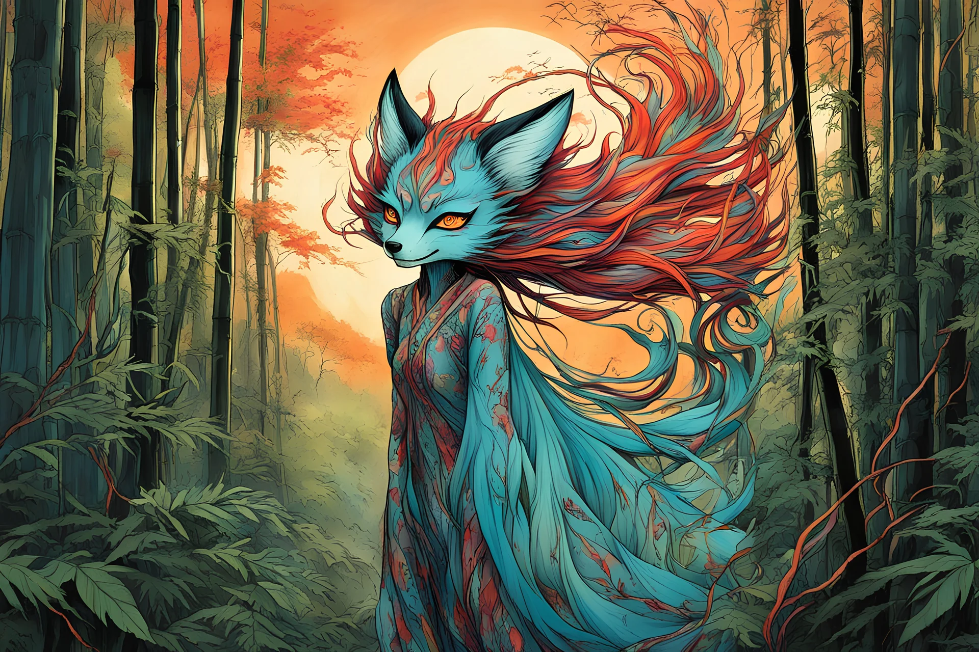 full color front facing full body portrait of a shape shifting kitsune fox spirit possessed woman with highly detailed hair and slim, narrow facial features, trekking through haunted mountain bamboo forest, pierced by shafts of early evening light , danger lurks everywhere but she is undeterred and resolute in her purpose, art in the style of Alex Pardee, spirited away, studio ghibli, , 8k , finely detailed and precise line work, soft gauzy pastel colors