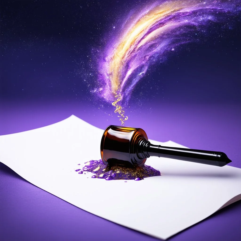 magical realism, inkwell tipped over spilling a light purple and gold sparkling ethereal cosmic twilight skyscape onto a piece of white paper, surreal composition, concept art