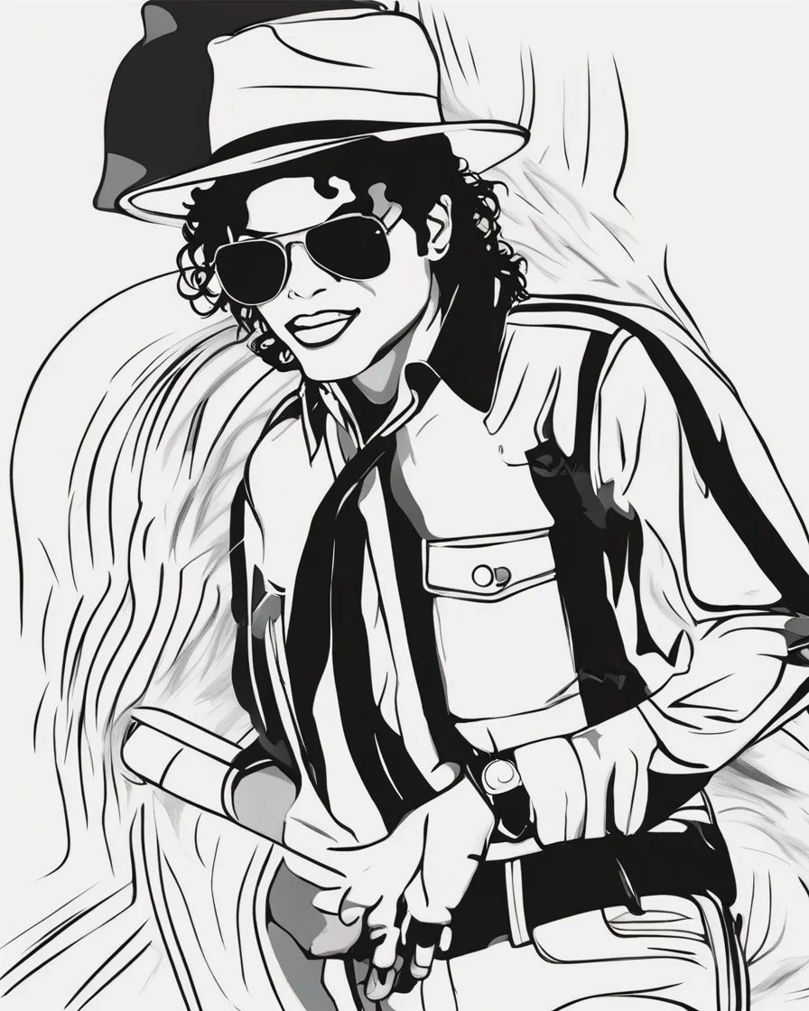 Michael Jackson, b&w line art style fashion, preppy style, simple line art, one line, line art, line drawing style, white background, picture, coloring book style on white background, well composed, clean coloring book page, No dither, no gradient, strong outline, No fill, No solids, vector illustration, –ar 9:11 –v 5