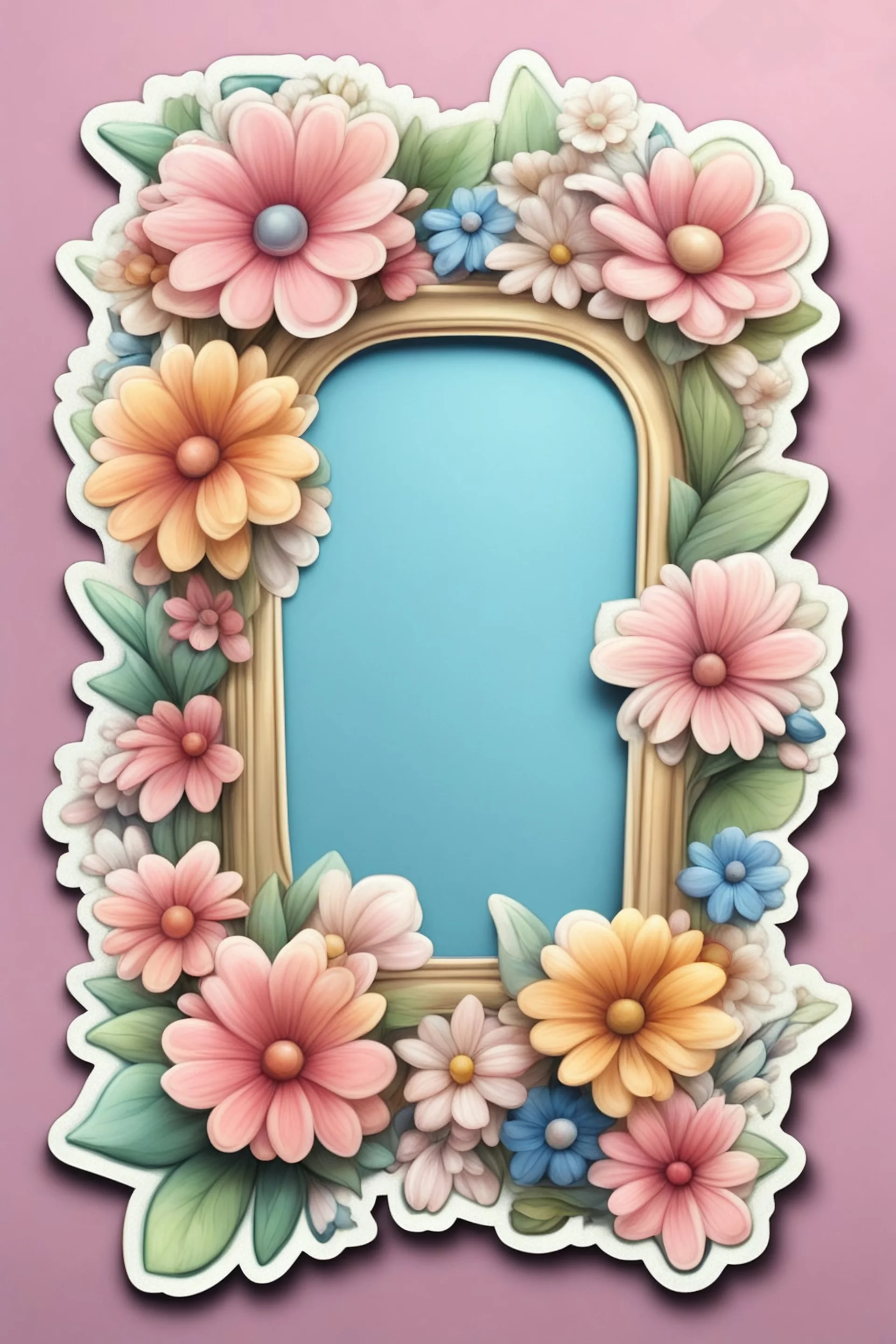 Sticker featuring a charming 3D cartoon frame surrounded by a beautiful arrangement of flowers. The background is clean and blank, allowing the flowers to be the center of attention, creating a stunning and eye-catching image.