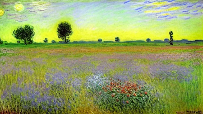 Sunny day, prairie, tree, flowers, claude monet painting