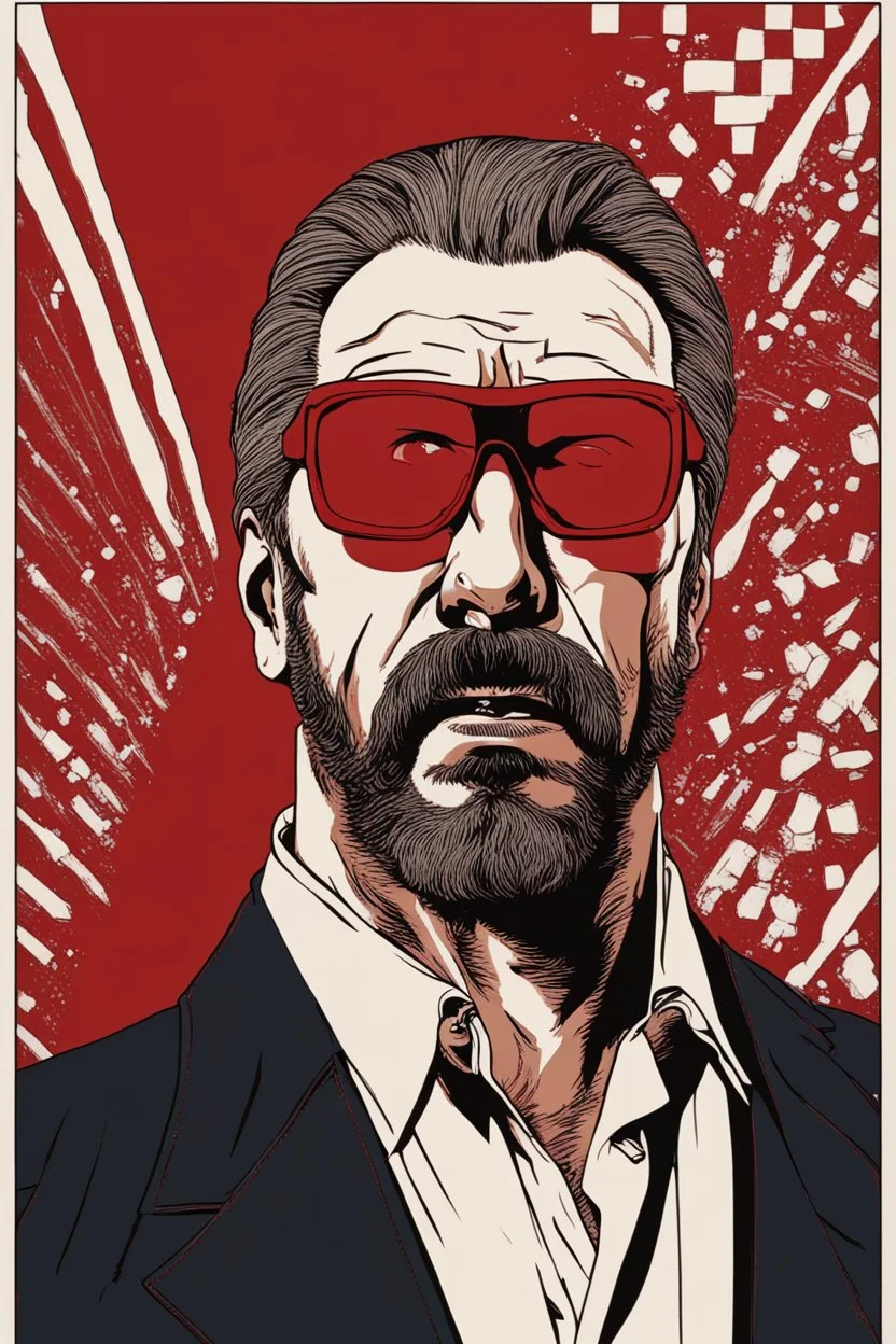 a tough looking, angry Hans Gruber wearing solid red glasses