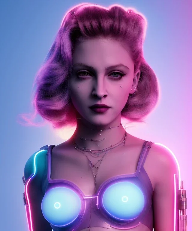 Artist, young madonna, android woman, glow iris, piercings, sweet, long blonde, white skin, long eyeliner, glow pink cheeks, glossy lips, color leds lights, cables, short hair, circuits, cyberpunk, latex coat, cyber punk, neon, portrait, studio photo, unreal engine 5, soft color, 16 bit, god lights, ray tracing, RTX, lumen lighting, ultra deatail, volumetric lighting, 3d, finely drawn, hd.