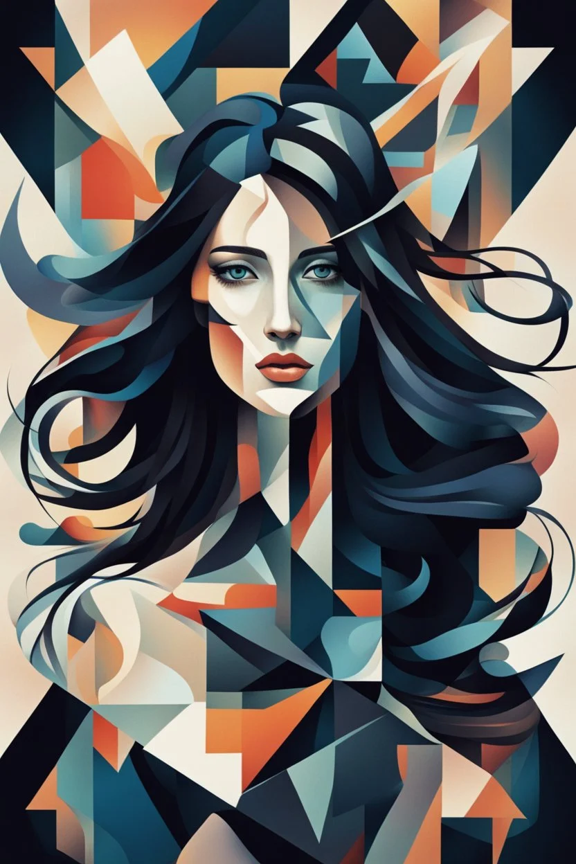 Neo Surrealism, whimsical art, Analytical Cubism Illustration Design a perfect pretty girl, black long hair, Split-Complementary color guide, Plasma Energy Texture, abstract background, girl, Pose with movement, often for geometric deconstruction, monochromatic palette, or fragmented forms.