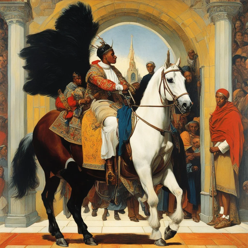 [art by Norman Rockwell] Leaving the chapel, Roupinho would mount his trusted steed, the rhythmic sound of hooves echoing in harmony with the beats of his heart. With the Black Madonna's blessings resonating within him, he would ride forth, his sword held high, ready to face whatever challenges lay ahead. As he rose from his knees, Roupinho would press a kiss to the hilt of his sword, his lips brushing against the cold steel. It was a gesture of reverence, a reminder of the duty he carried upon