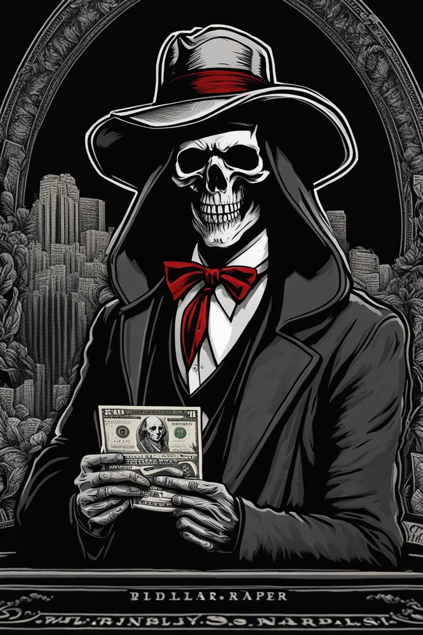 ultra high image quality, Grim Reaper, WEARING A 3 PIECE SUIT, POSED FOR DOLLAR BILL PORTRAIT, LINE TONE, WSJ STYLE, HEDCUT, Close-up of an set against AMOLED-worthy pure black backdrop, fantasy art style infused with filter, tailored for vertical wallpaper, exclusive design with no duplicates, radiating beauty suitable for a PC screen image, vivid colors, ultra fine, digital painting.