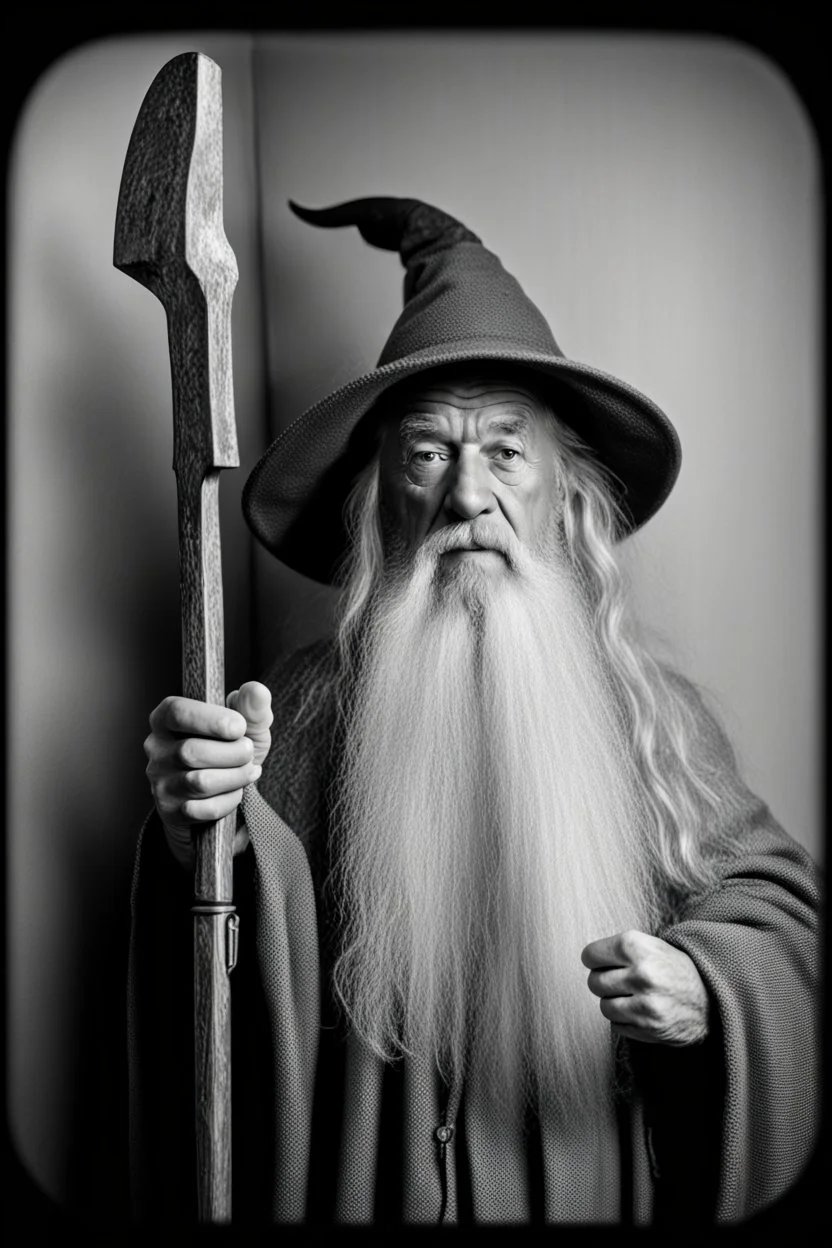 Gandalf with crowbar taking serie of BW photos inside photo booth.