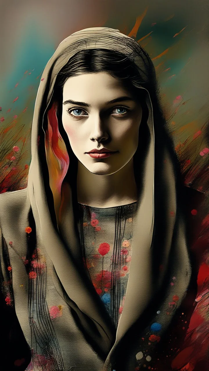 a smear . Field of wild a colourful flowers watercolor drawing on a blue splash colors background, fine lines draw, surreal, Bosch painting style