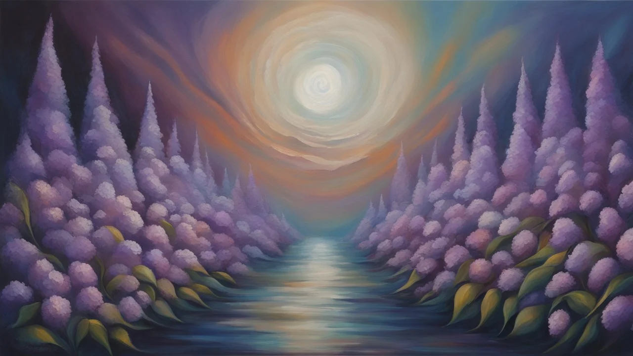 This artistic piece is an embodiment of beauty and harmony. It expertly blends the colors of the spectrum to create a mesmerizing effect that captivates both the eyes and the mind. The focal point of the artwork is a single flower, a deep lilac blossom with its delicate petals gleaming under the moonlight. The vibrant colors harmonize with the dark background in a way that creates a splendid contrast.