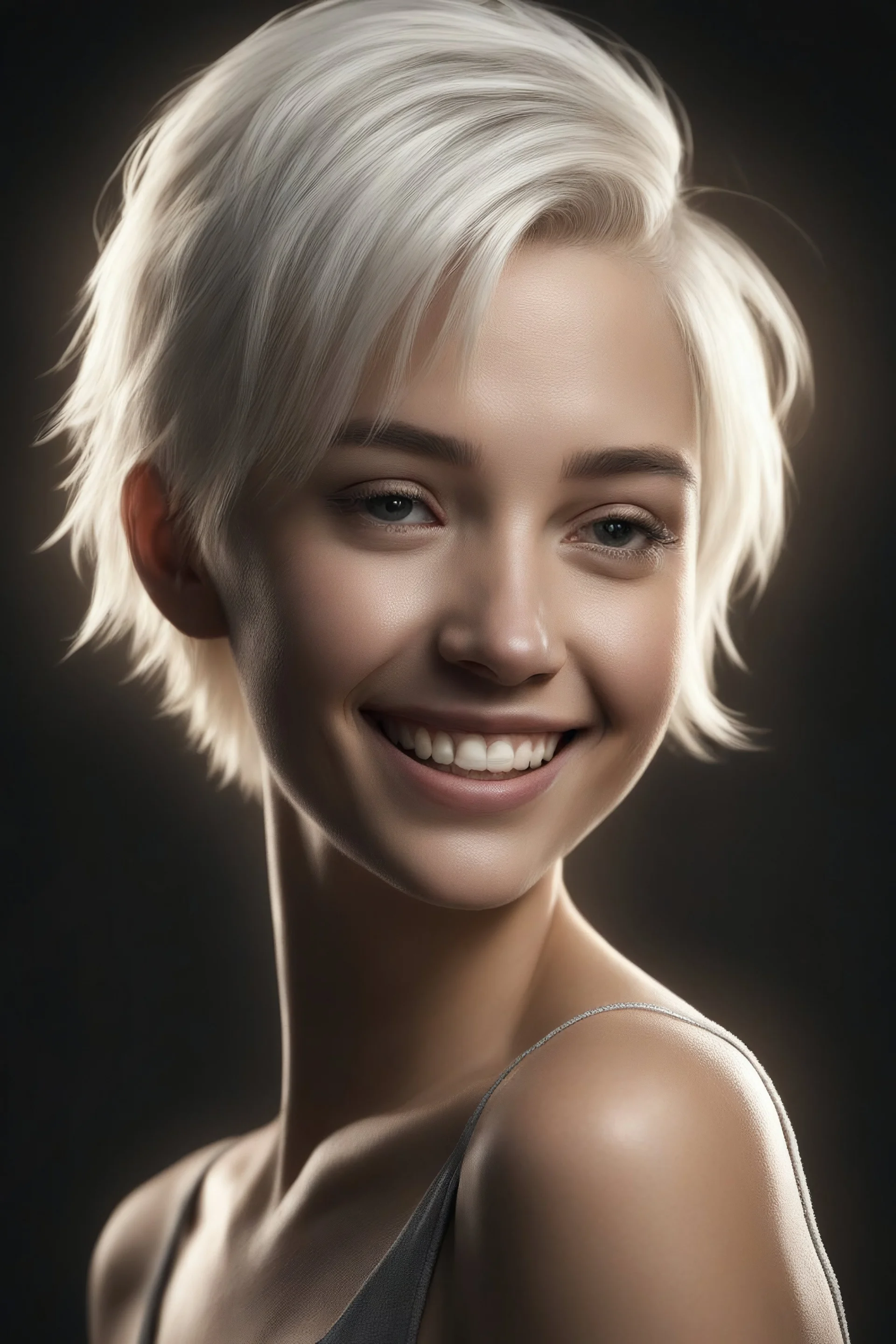 Chiaroscuro lighting, deep shadows, rich deep colors, full body portraits, 8K Ultra-HD, Hyper Realistic, Photorealistic, Realistic, focused, Clear, Extremely Detailed, beautiful, Cinematic, proportionate, full color, an image of a smiling young woman with short, pixie-cut bleached white hair, tapered on the sides, wearing a pair of blue round lensed glasses, and a pink and blue button t-shirt, big happy smile, a foggy, cloudy blue background