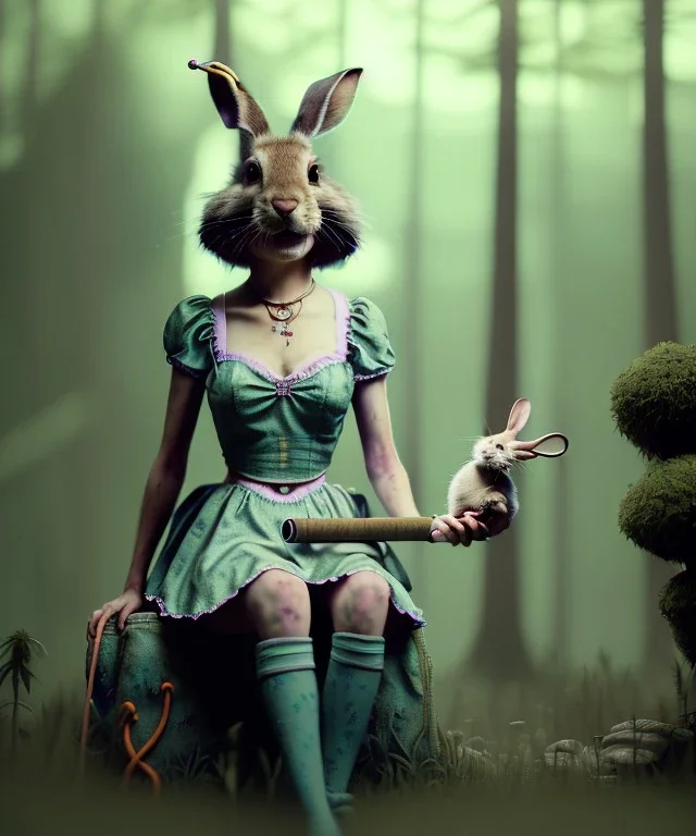 Ultra realistic photography, happy drugged Alice woman with rabbit smoking a pipe in Wonderland, wide angle view, Wes Anderson style, forest, wild marihuana plants, rain, color fog, color smoke. Party people background, soft color, highly detailed, unreal engine 5, ray tracing, RTX, lumen lighting, ultra detail, volumetric lighting, 3d, finely drawn, high definition.