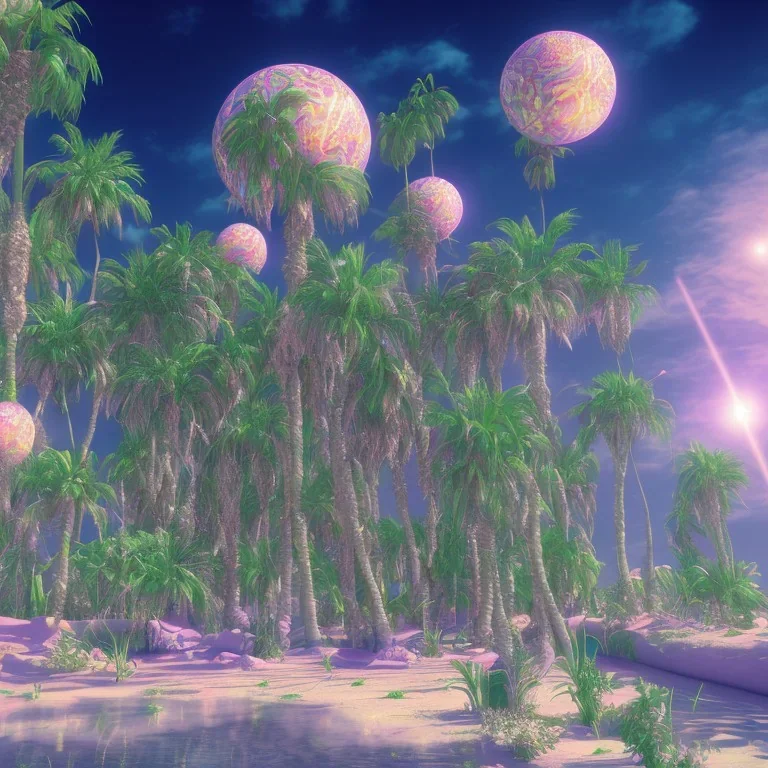 1980's aesthetic vaporwave palm trees with spheres and ufo