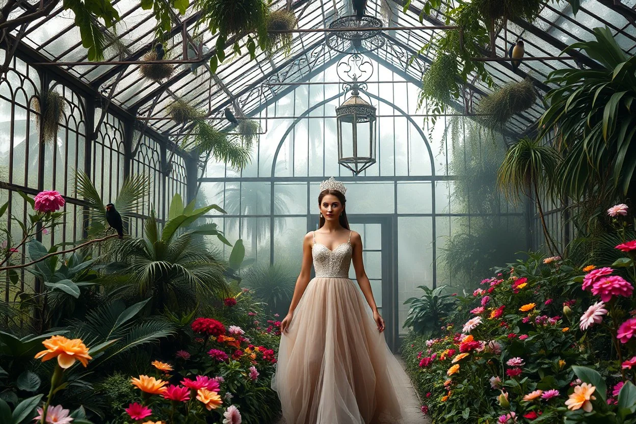 Victorian greenhouse overtaken by jungle, exotic birds nesting in iron rafters, morning mist, lost paradise atmosphere,a pretty model lady as queen walking in flowers to camera