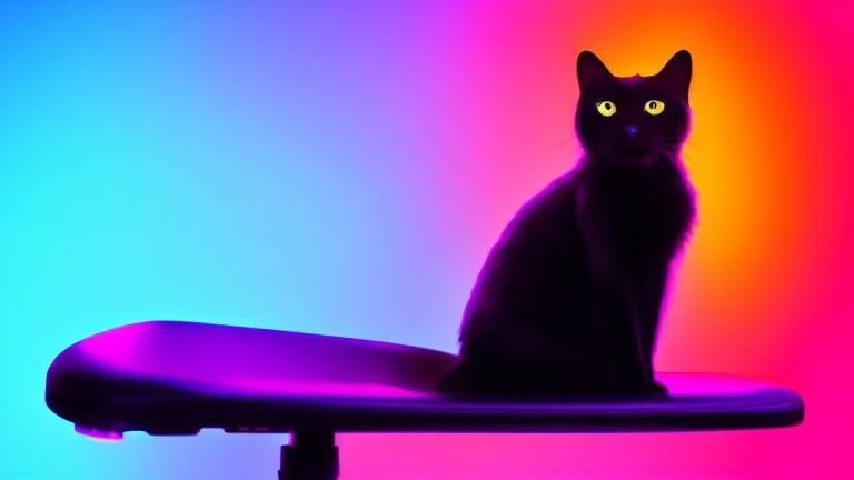 black cat sitting on an office chair, dark room with neon violet lights, realistic