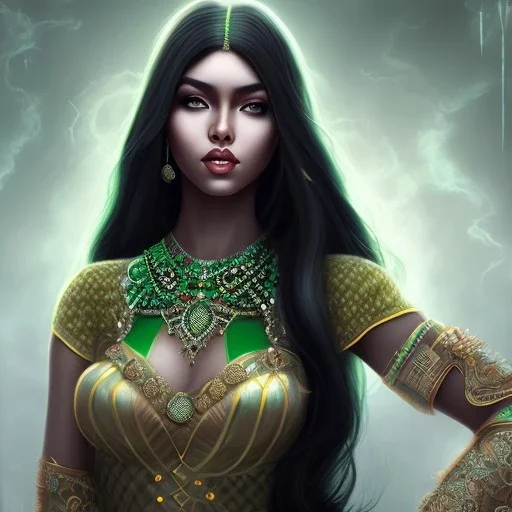 fantasy setting, indian woman, dark-skinned, green and black wavy hair, mid-long hair