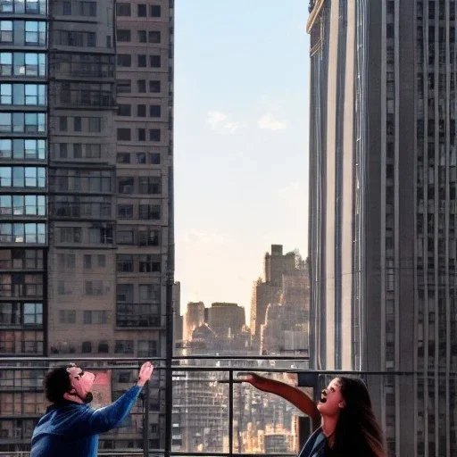 a man and a woman screaming at each other on a balcony, downtown new york, dramatic, dramatic lighting, volumetric lighting, hyperrealism, 8k, high quality, photorealistic, lot of details