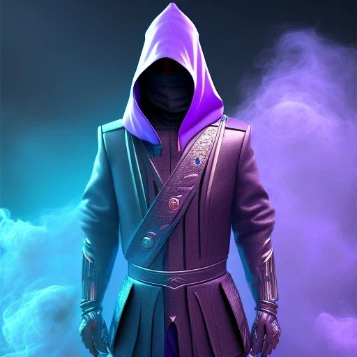 purple galaxy masked hooded super villain, weapons in hands, teal and purple smoke, full portrait, hyper realistic, 4k