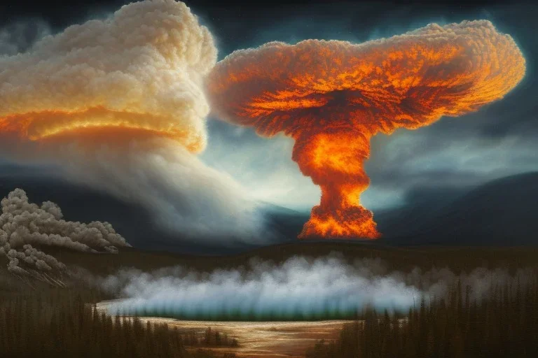 beautiful oil painting, yellowstone national park, nuclear explosion hits caldera, mushroom cloud, intense, intricate, extreme detailed, small minutiae, tiny features, particulars, nature, wood, rocks, stones, dust, smoke, particles, volumetric lighting, volumetric clouds, shaded colors