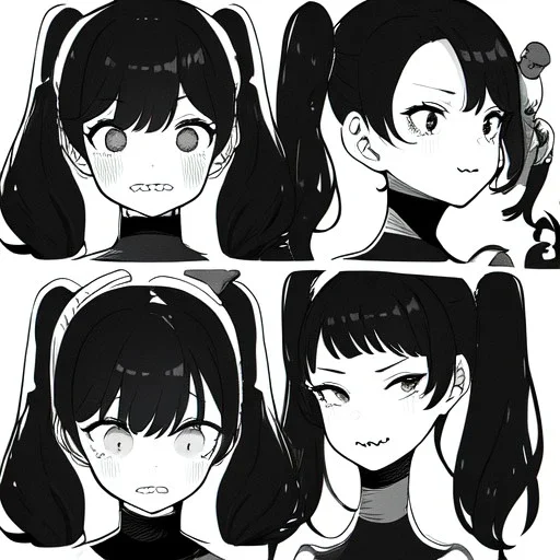 Clear focus, High resolution, rough line art, cute, cartoon, one side is a fluff cut, one side does not have hair but it does have one piece of hair that is medium length and sharp, both sides have medium length sharp locks on each side of her head, long twintails, smooth twintails, black hair, 1girl, (solo), grey eyes