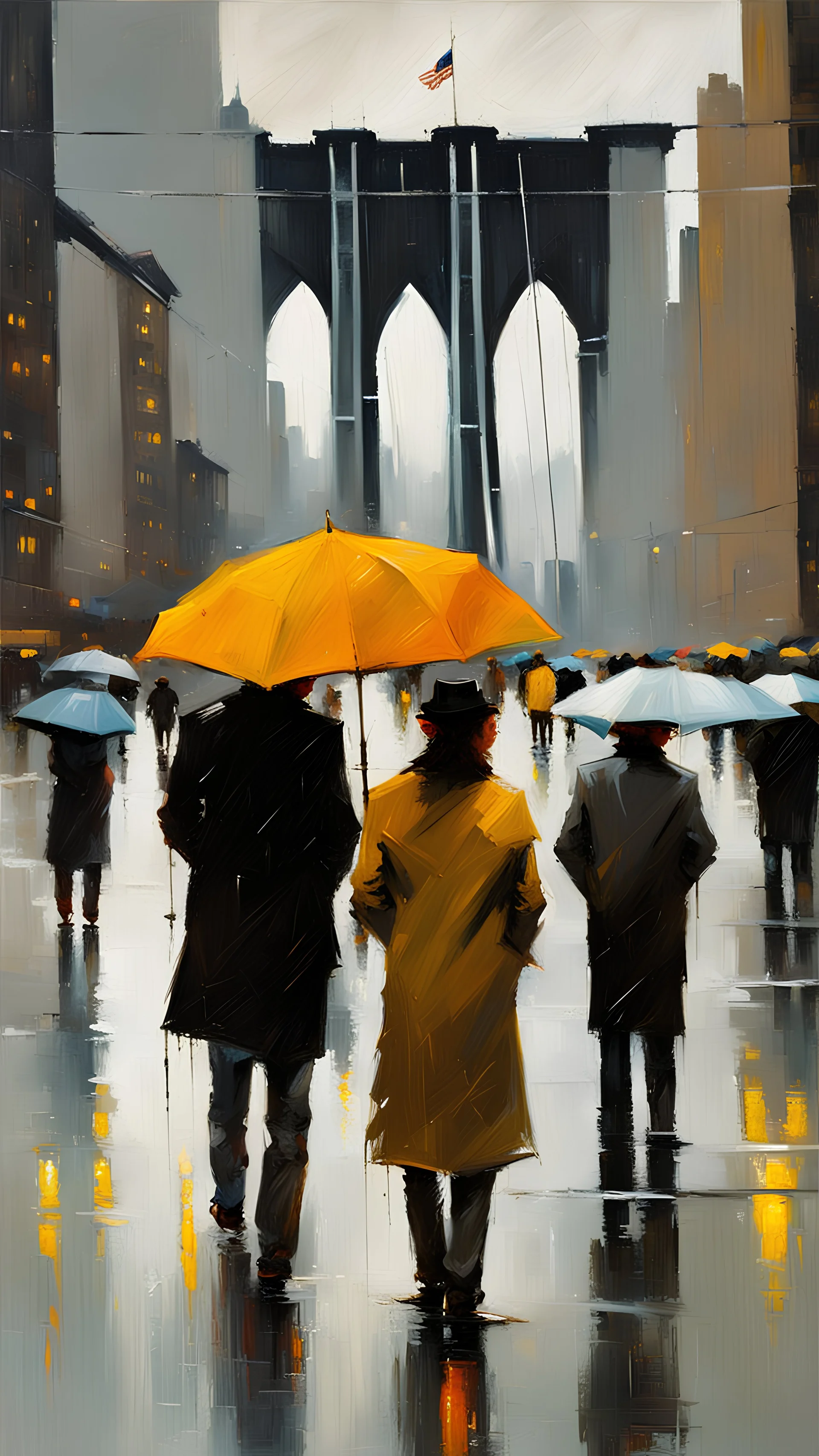 New York bridge, rain, people, canvas, oil paint, impasto brushstrokes, Richard Schmidt, Mark Legu, Jeremy Mann