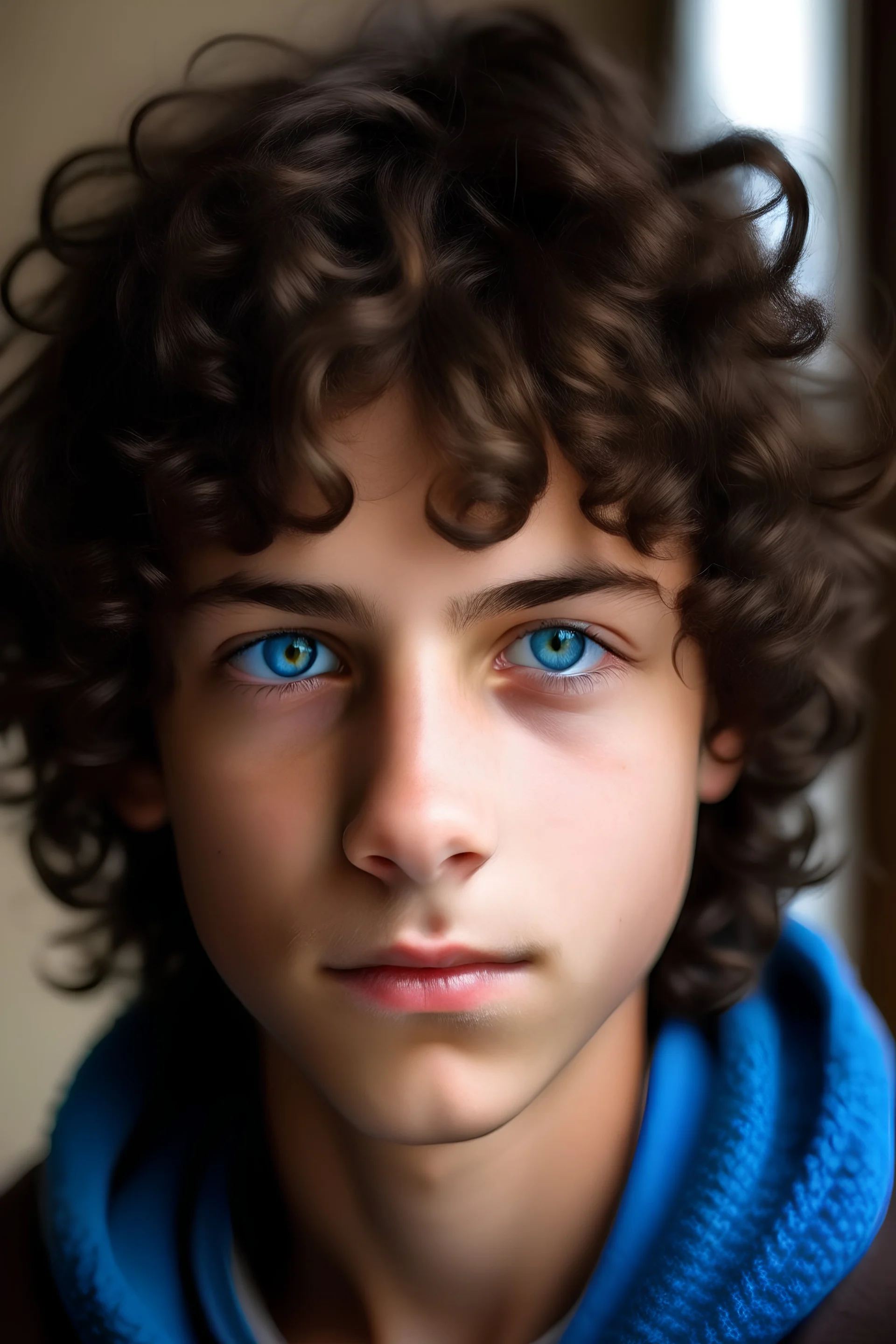 curly dark brown fluffy hair, blue eyes, boy, 15years old,
