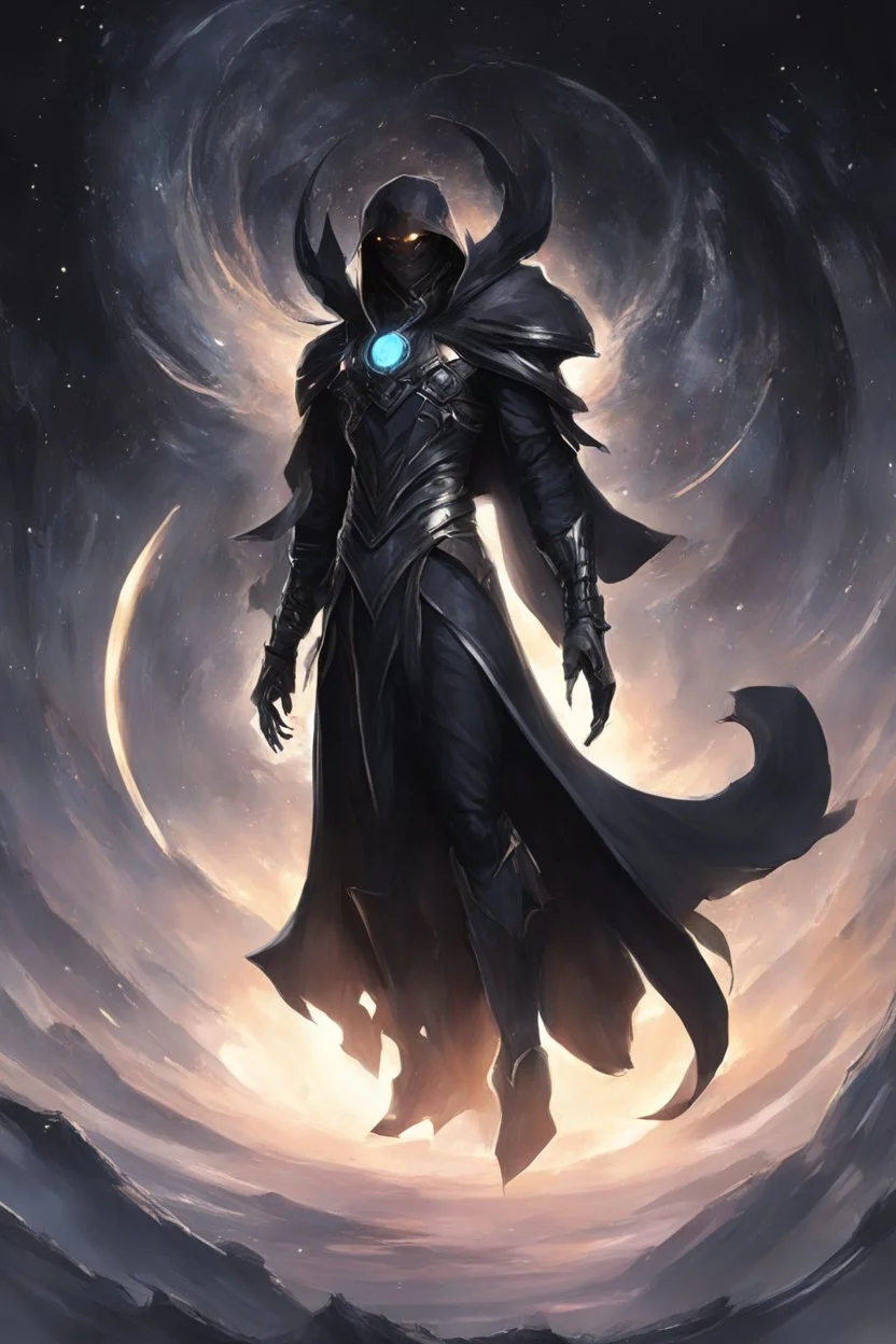 character design, concept art, god of black hole, space void black hole god entity, black void body, glowing eyes, cape of stars, black hole character design