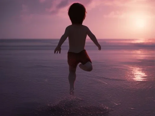 children jumping in water on a beach capture them against the sun and make an art silhouette, hyper details, real sharp, 8k, well detailed, well shaped