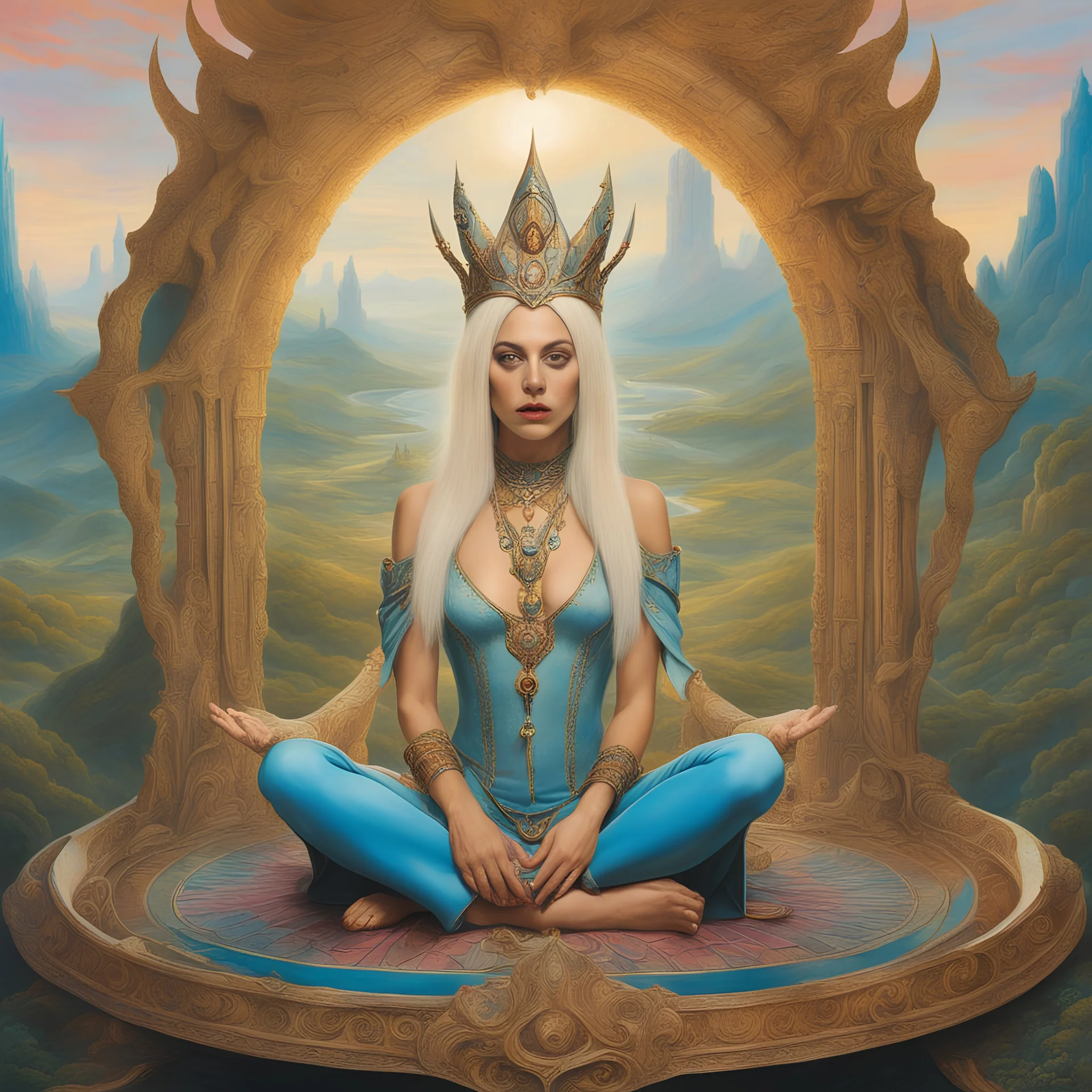 art by Patrick Woodroffe in the style of Salvador Dali, muted psychedelic colors, Lady Gaga as an elf queen, seated in lotus position, in an elven kingdom, HD 4K ultra high resolution, photo-real accurate