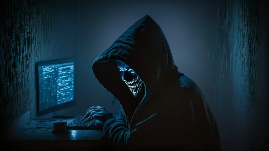 A dark room with a hacker in a hoodie looking nefarious looking at his computer screen with an evil grin on his face