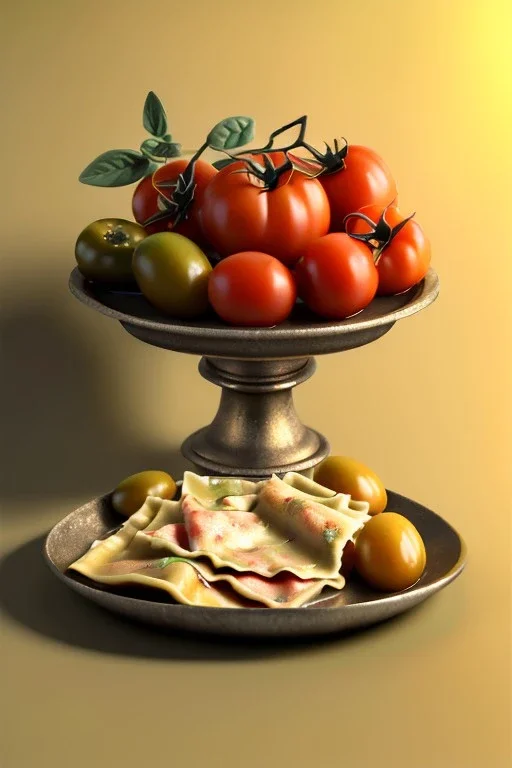 renaissance style still life composite, dish of Raviolis with natural tomato, albahaca, olives, olive oil. moisture, art, natural, ornaments, marble, gold, high kitchen, smooth, gradient color background, unreal engine 5, ray tracing, RTX, lumen lighting, ultra detail, volumetric lighting, 3d.