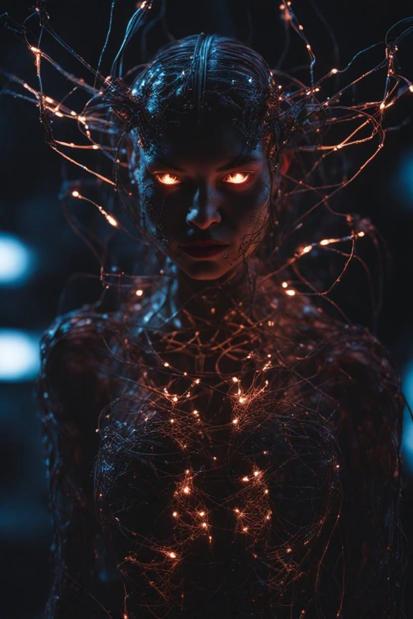 Demon girl, fullbody, creepy, horrifying, sinister, many wires connected to the head lumen lighting, led lights, sparks around her, sparks cybernetic,high lighting, intricate, 8k, macro photography,