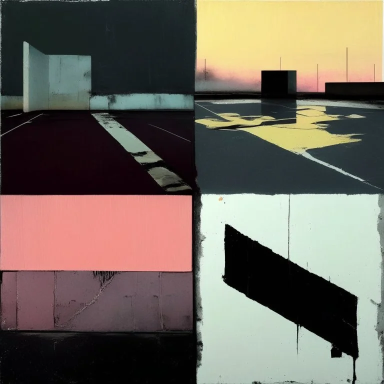 Minimal contemporary abstract oil paintings desolate 1960s carpark concrete fragments at dusk sunset. In the style of Justin Mortimer and Francis Bacon. road markings.